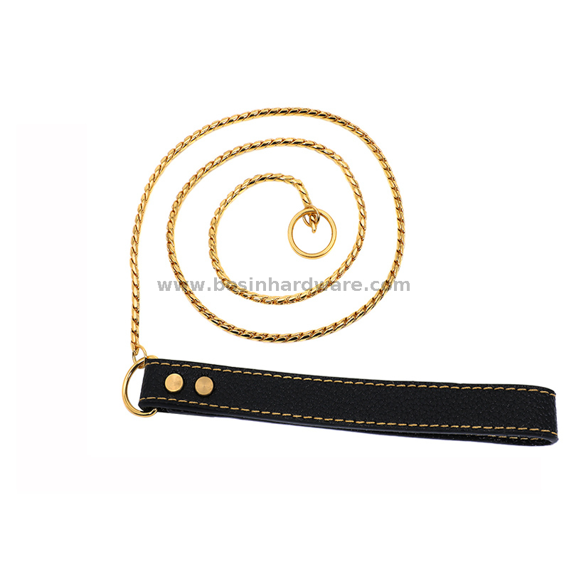 Outdoor Gold Snake Chain Pet Leach with Genuine Leather Handle for Dogs